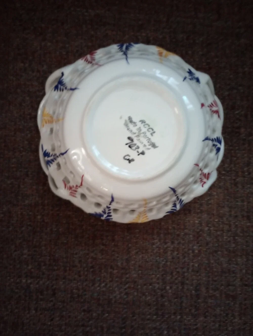 Vintage RCCL Hand Painted Ceramic Basket Bowl-Lattice Design Made In Portugal
